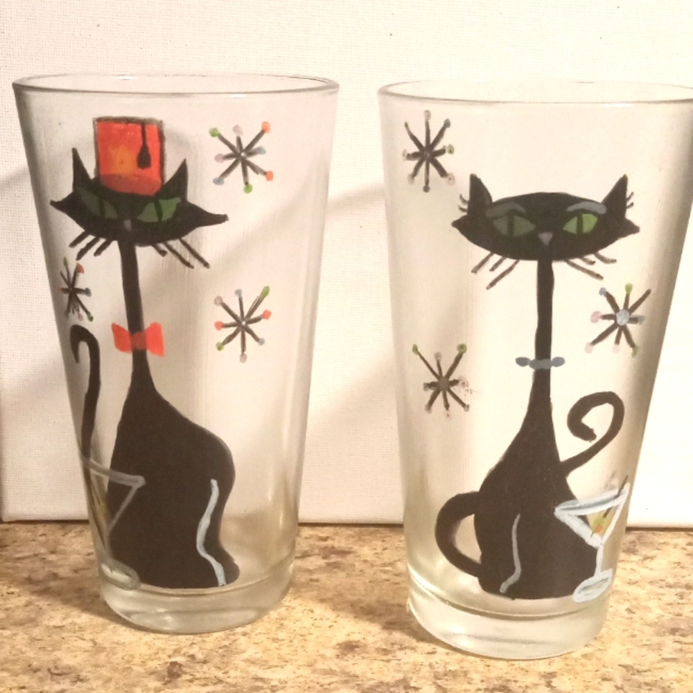 Handpainted Mid-century Inspired Black Atomic Cat Cocktail Glasses Set of 2